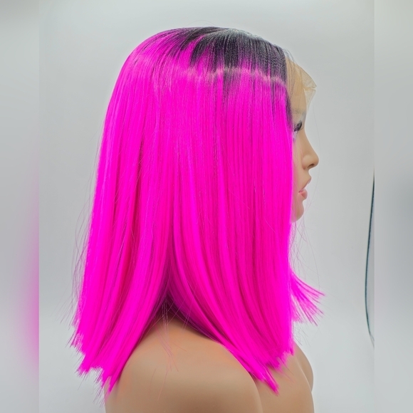 Hot Pink Fuchsia & Dark Root Blunt Straight Lace Front Wig - Picture 8 of 9